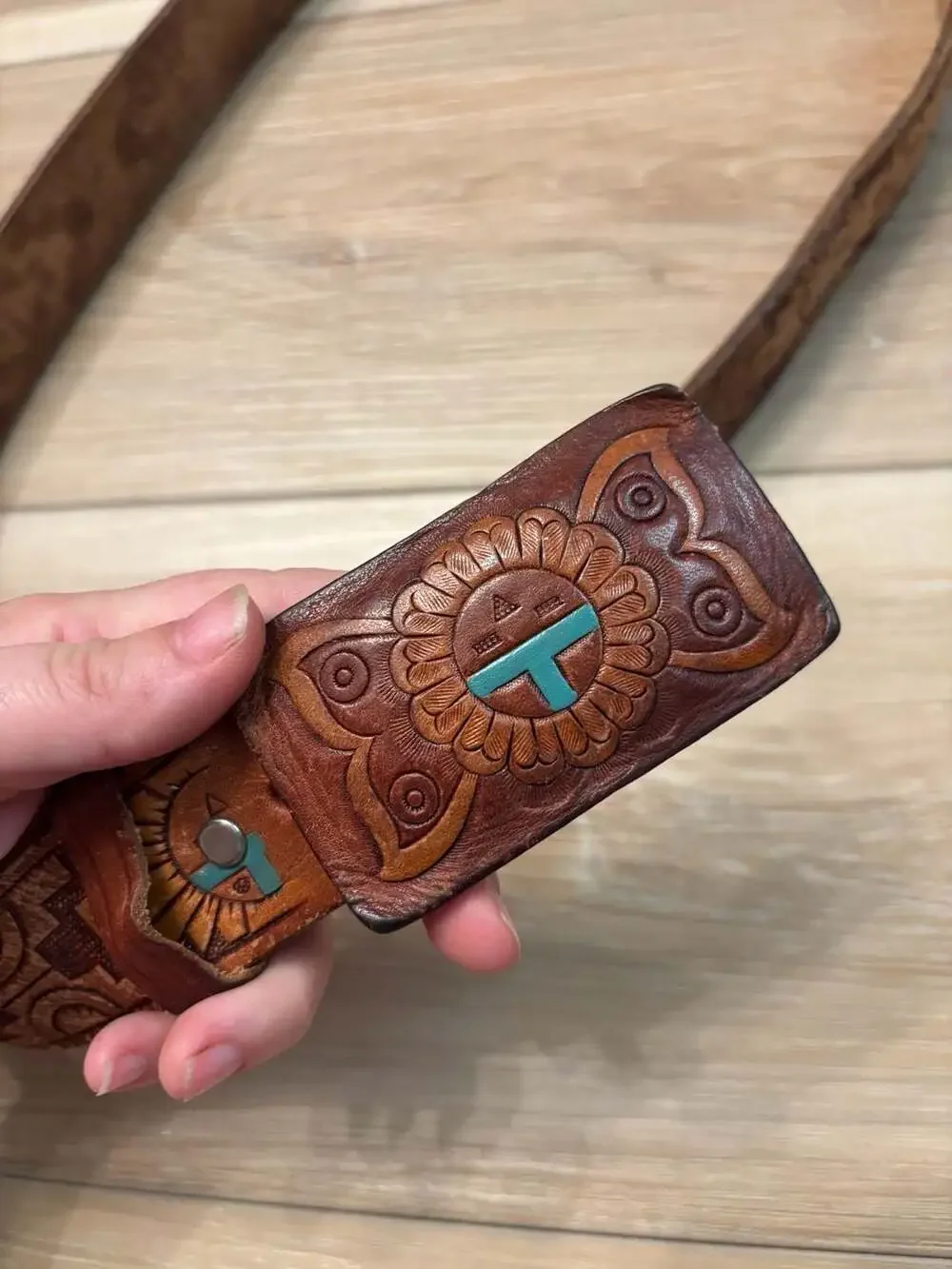 Vintage Fred Harvey Era Tooled Leather Belt with Turquoise